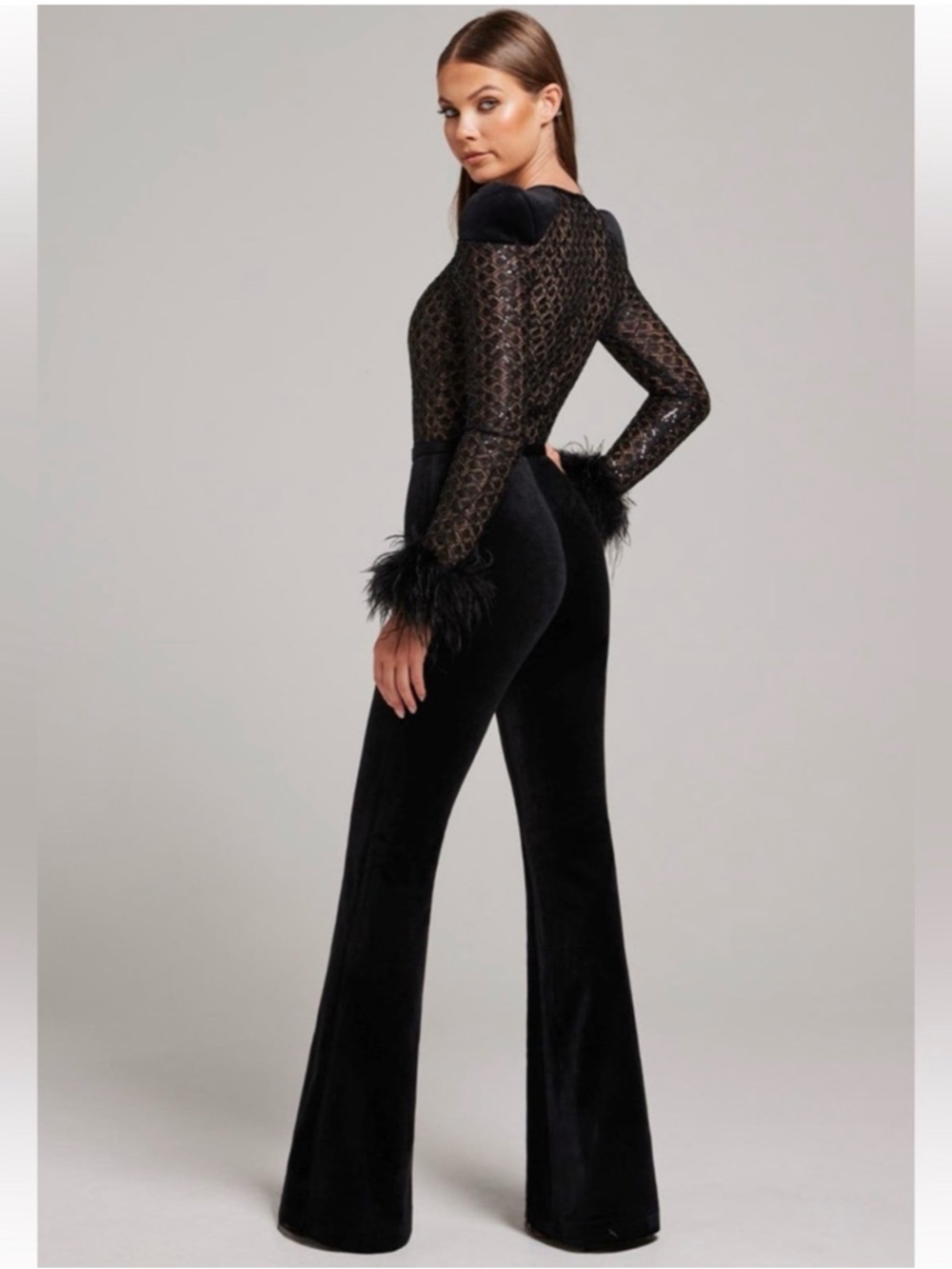 NADINE MERABI Mixed Media Black
Monique Velvet Sequin Glitter
Feather Jumpsuit S - Picture 4 of 8